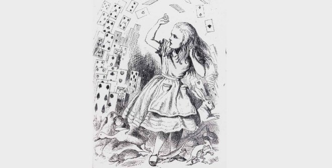 Solo son una baraja de cartas. Ilustración de John Tenniel para Las aventuras de Alicia en el país de las maravillas. Imagen cortesía de Macmillan Publishers International Ltd.