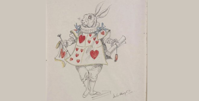 Vestuario diseñado por Gladys Calthrop para el Conejo Blanco en el Acto I, escena del juicio, de Alice in Wonderland, 1943. V&A: S.602-2012. Donación de Gladys Calthrop © Victoria and Albert Museum, Londres