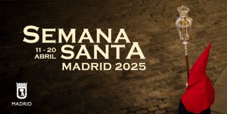 Cartel Semana Santa Madrid 2025. Imagen de un cofrade de la Real Congregación del Santísimo Cristo de la Fe, popularmente conocido como Cristo de los Alabarderos, y de María Inmaculada Reina de los Ángeles, procesionando con antorcha